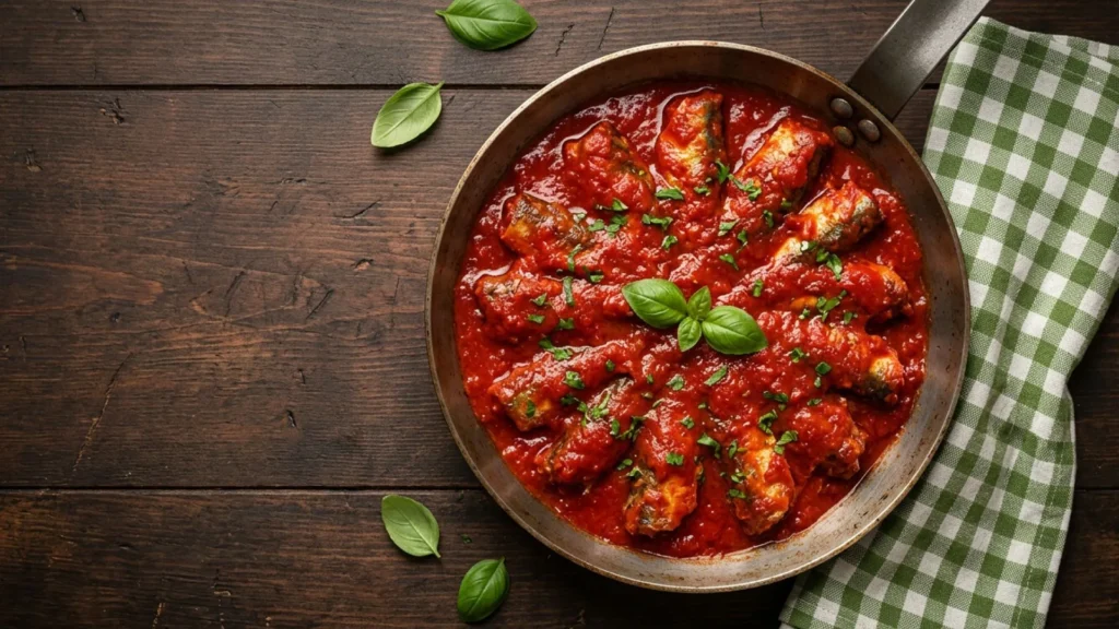 Receta de sardinas en salsa de tomate servidas en un sartén rústico y decoradas con hojas de albahaca fresca.