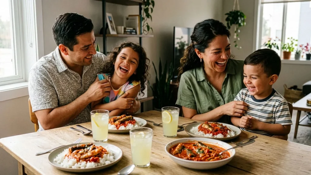 Familia disfrutando una receta saludable con sardinas y arroz en un almuerzo familiar.